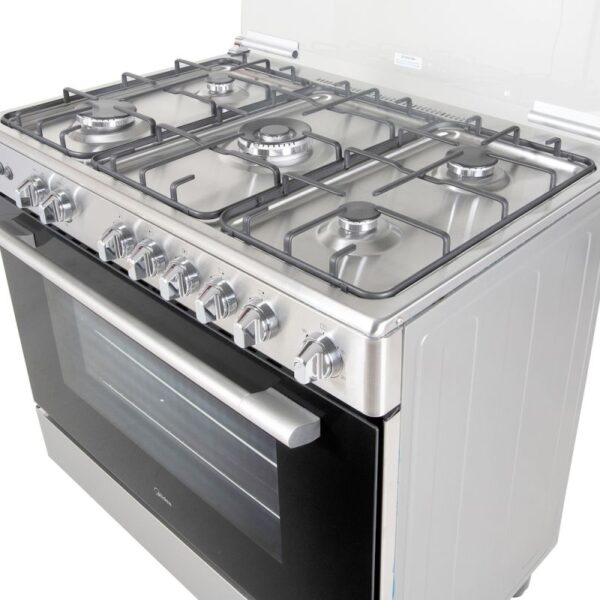 it provides even greater flexibility and easier cooking. The different sized burners accommodate a variety of pot sizes while ensuring full safety. This cooker has a modern design with its double glass oven door